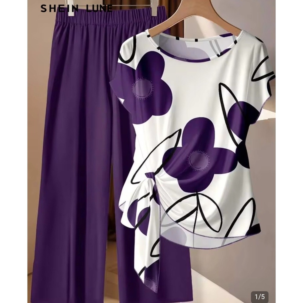 SHEIN Lune 5X Curve Purple Colorblock Floral Print Purple Blouse And Pant Set